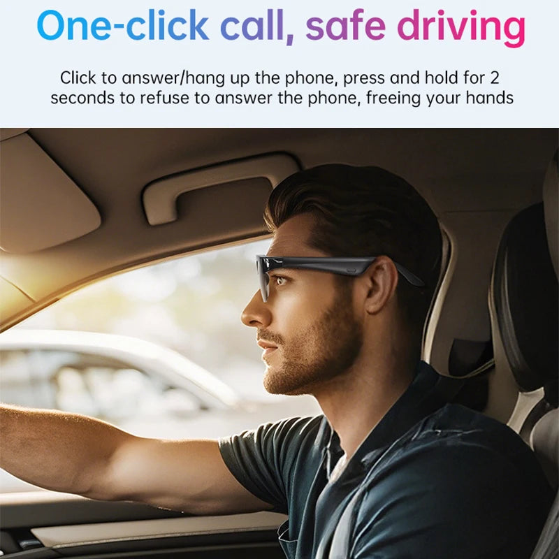 Man wearing LinguaLens audio sunglasses in a car